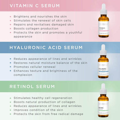 Pranaturals Kit De Sérums Faciales 3X30Ml - Ácido Hialurónico, Retinol Y Vitamina C - Borra Las Líneas Finas Y Las Arrugas, Enriquecido Con Aceites Y Vitaminas Naturales