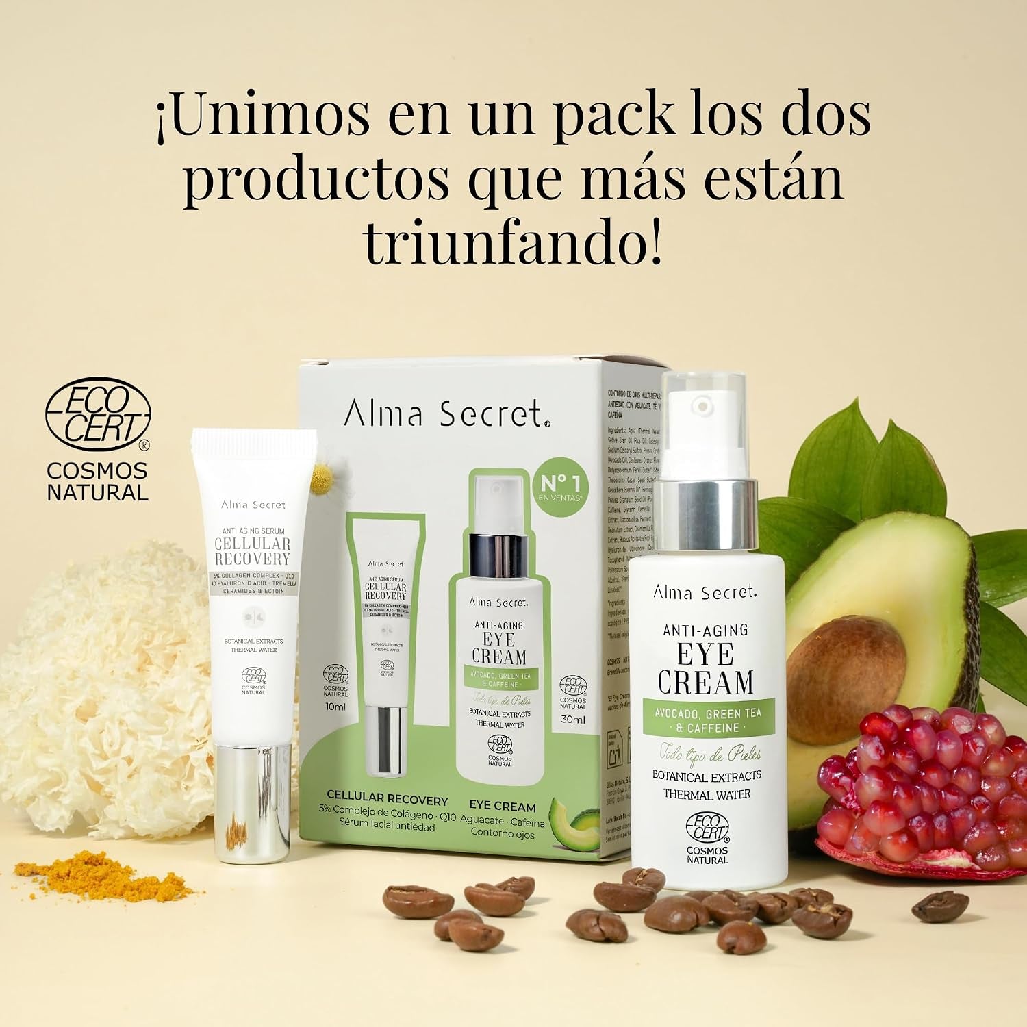 Pack Cofre Skin Care: Crema Contorno De Ojos De Aguacate, Té Verde Y Cafeína + Serum Facial Antiedad Cellular Recovery, Contorno De Ojos Y Serum Facial Para Todo Tipo De Pieles ECOCERT COSMOS NATURAL