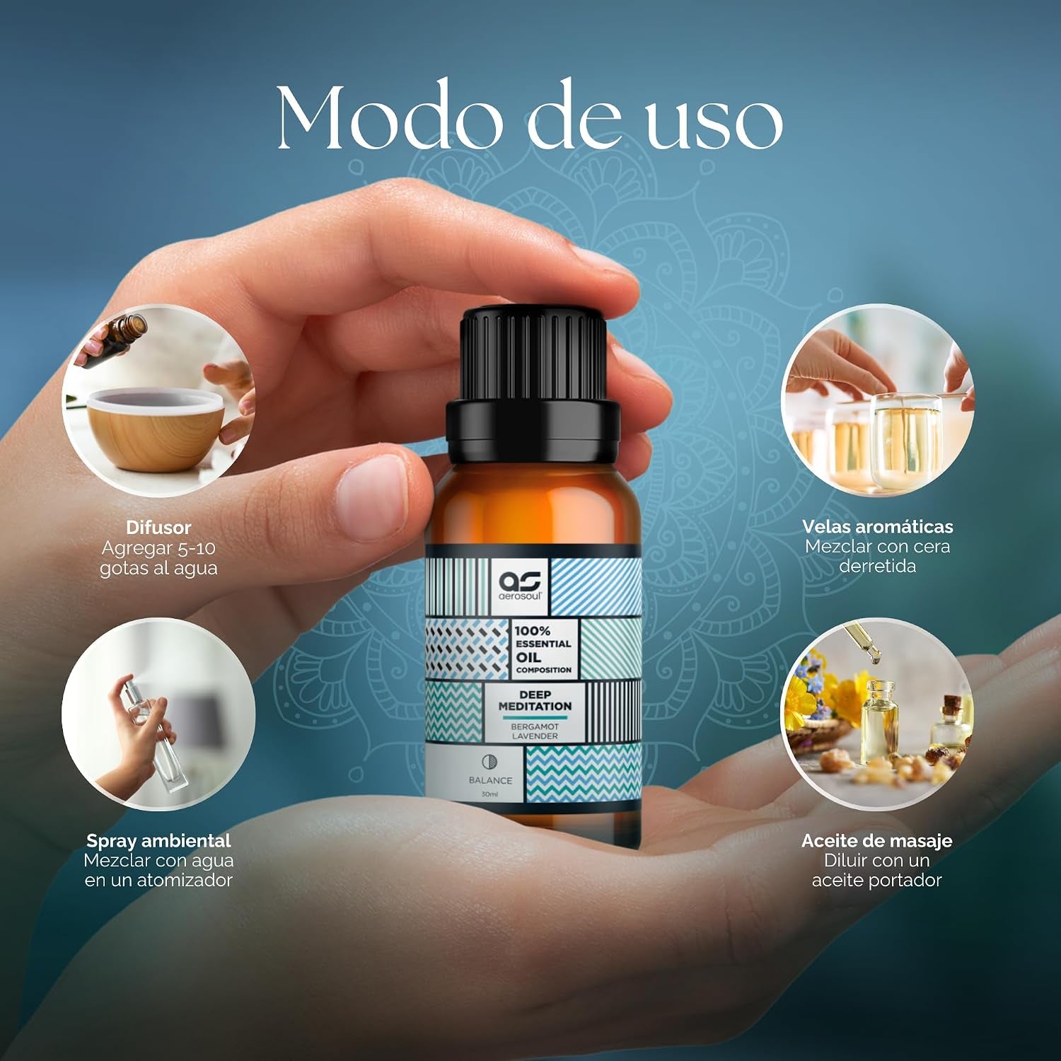 Aerosoul® Aceites Esenciales Para Humidificador, Mezcla Aceites Esenciales Bergamota, Lavanda, Vainilla, Manzanilla, Aceites Para Aromaterapia, 100% Aceites Esenciales Naturales, 30Ml