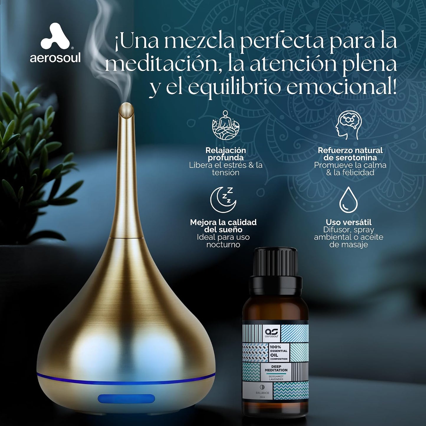 Aerosoul® Aceites Esenciales Para Humidificador, Mezcla Aceites Esenciales Bergamota, Lavanda, Vainilla, Manzanilla, Aceites Para Aromaterapia, 100% Aceites Esenciales Naturales, 30Ml