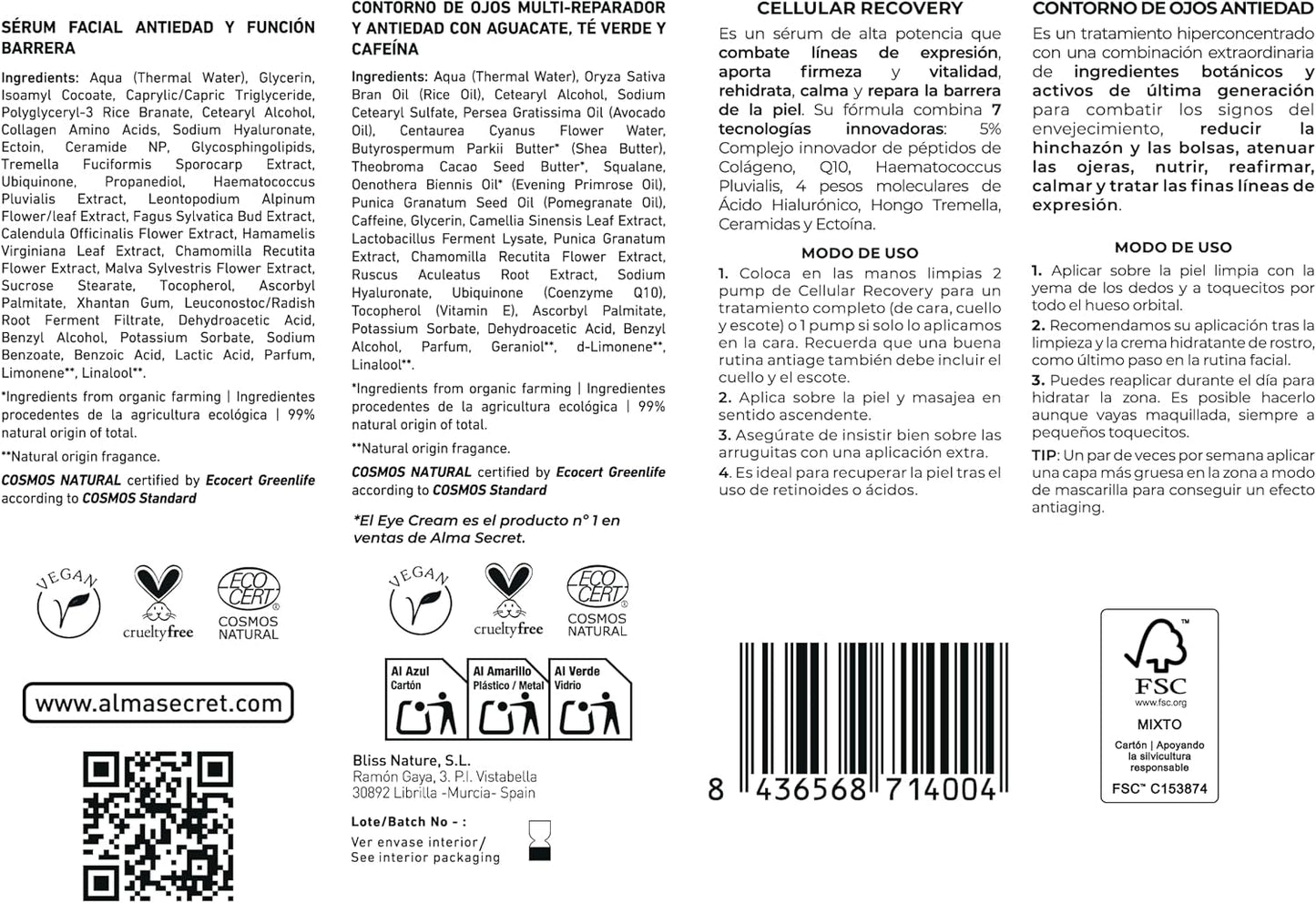 Pack Cofre Skin Care: Crema Contorno De Ojos De Aguacate, Té Verde Y Cafeína + Serum Facial Antiedad Cellular Recovery, Contorno De Ojos Y Serum Facial Para Todo Tipo De Pieles ECOCERT COSMOS NATURAL