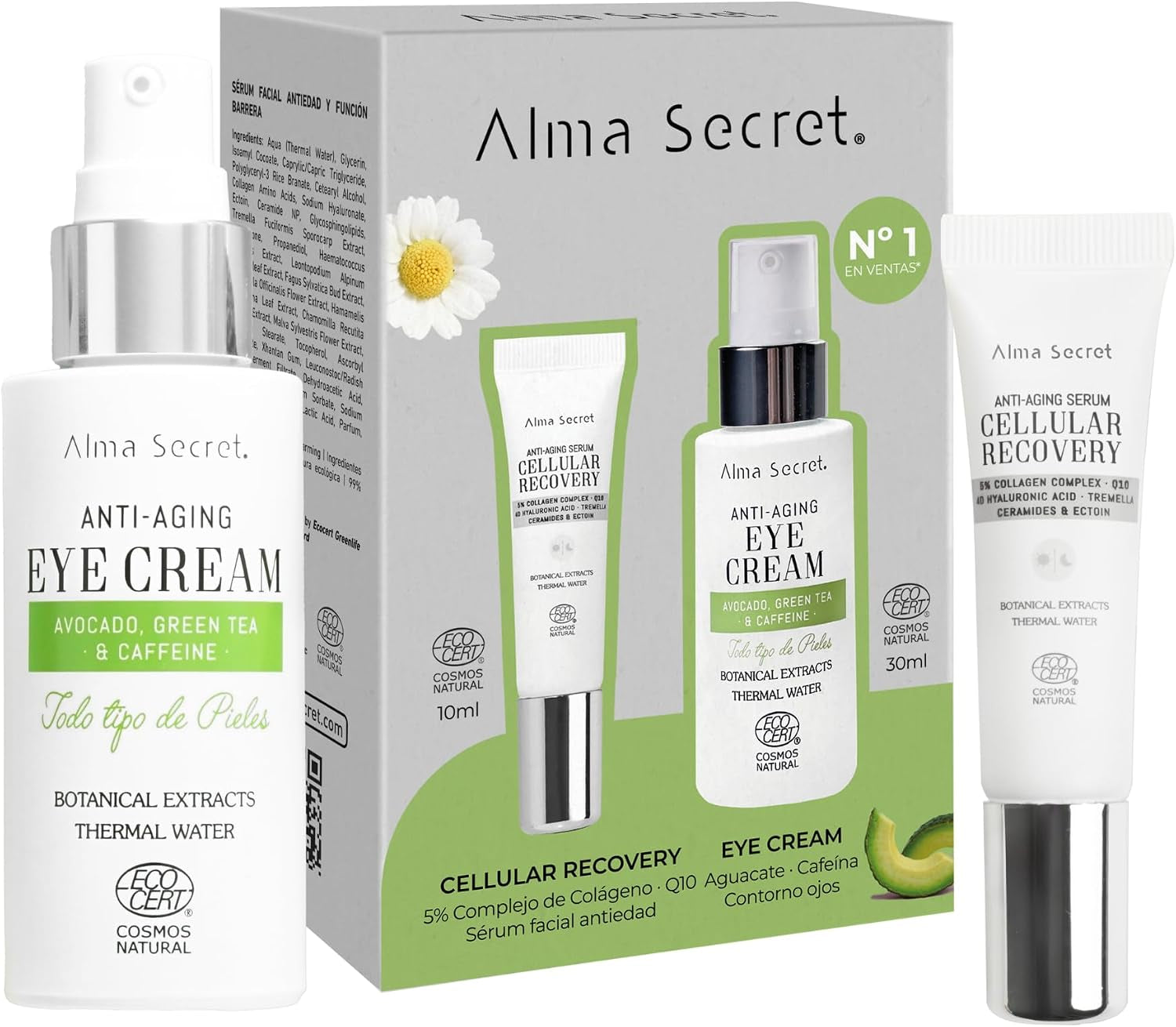 Pack Cofre Skin Care: Crema Contorno De Ojos De Aguacate, Té Verde Y Cafeína + Serum Facial Antiedad Cellular Recovery, Contorno De Ojos Y Serum Facial Para Todo Tipo De Pieles ECOCERT COSMOS NATURAL