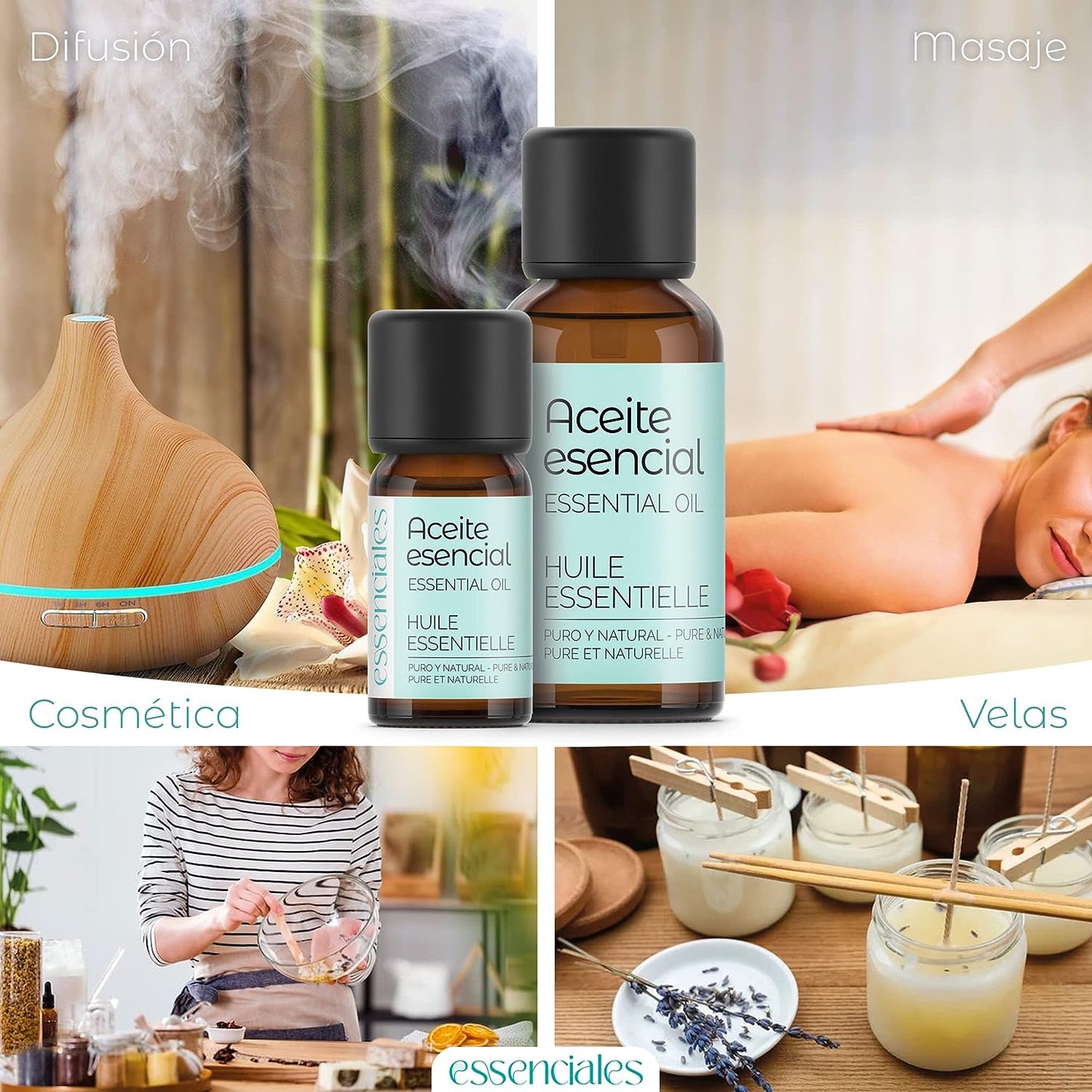 ESSENCIALES Aceite Esencial De Romero Alcanfor 10 Ml – 100% Puro Y Natural – Ideal Para Masaje Corporal, Aromaterapia Y Difusor